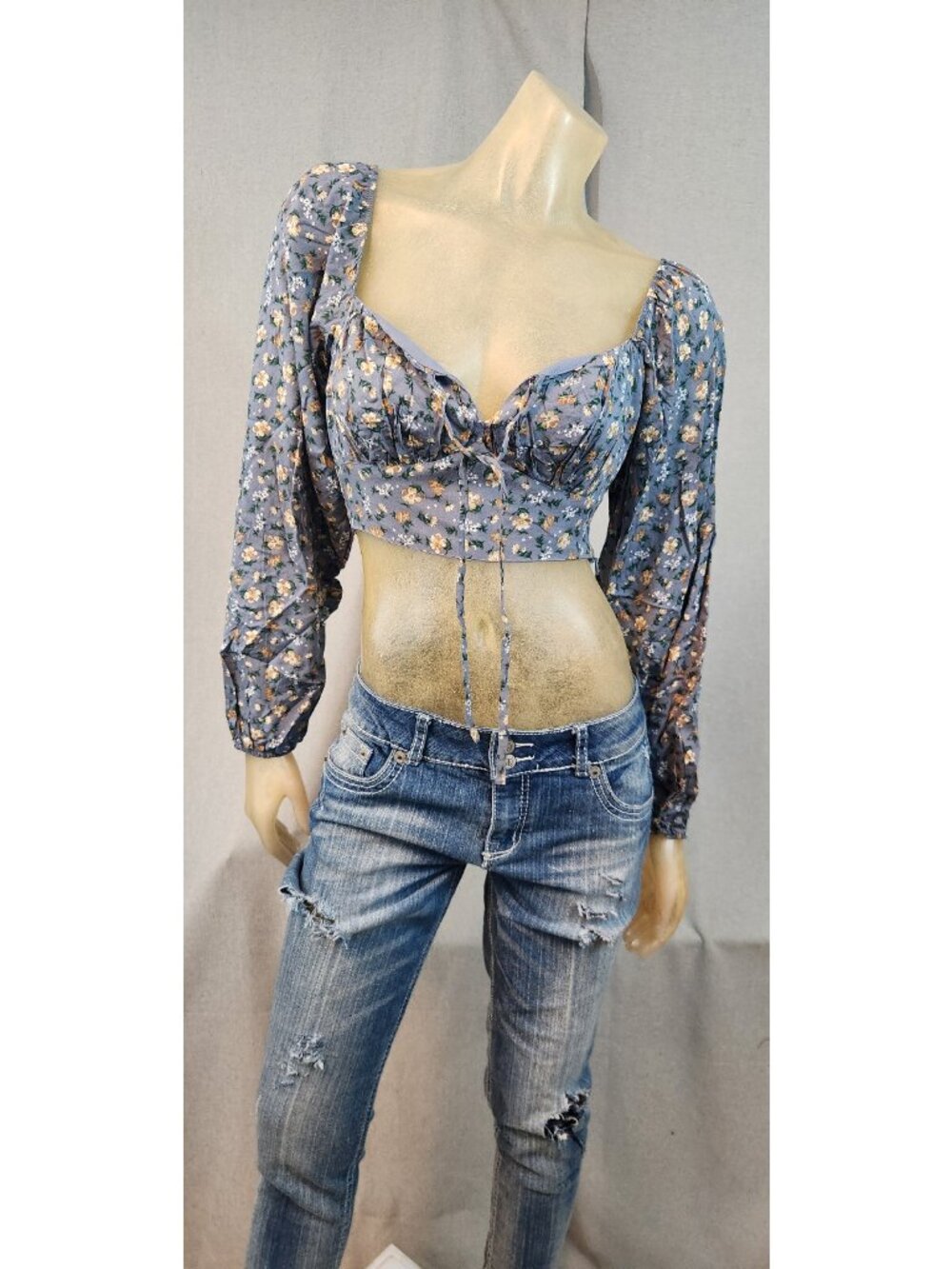 Altar'D State Blue Floral Long Slv Cropped Top Shirt Blouse XS XSMALL Womens NEW - Picture 3 of 8